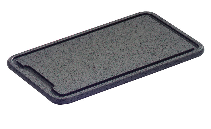 Tranchierbrett Profi 23 x 36 cm: Rechteckiges Kunststoffbrett aus Anthrazit mit Rille und kleiner Einkerbung an einer Kante.