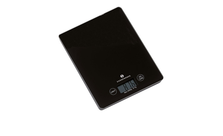 Digitale Küchenwaage Balance in Schwarz mit LCD-Anzeige (1,11) aus Glas und Kunststoff, auf weißem Hintergrund.