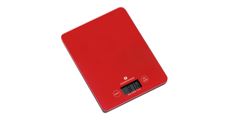 Digitale Küchenwaage Balance in Rot aus Kunststoff zeigt 1,15 kg auf dem schwarzen LCD-Display an.