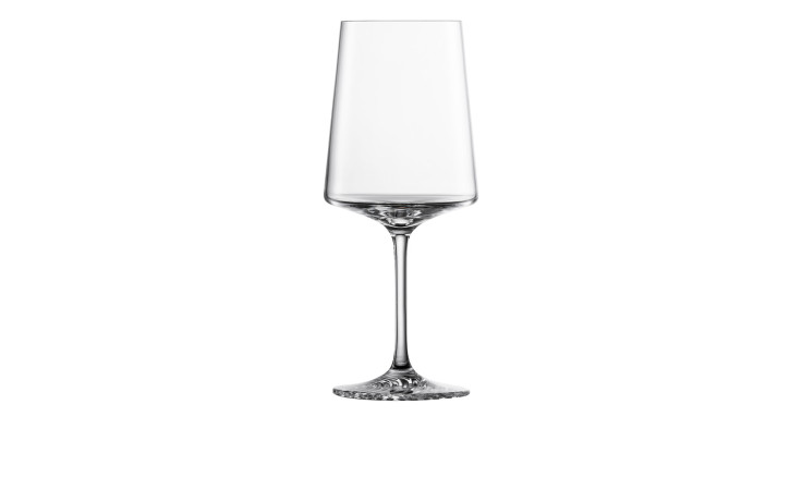 Ein transparentes Zwiesel Glas Weißweinglas Echo mit langem Stiel, 9 cm Durchmesser, und flachem Fuß auf weißem Hintergrund.
