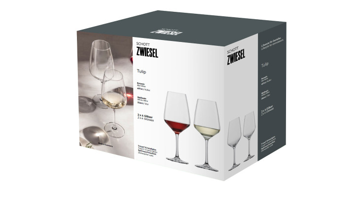 Eine Schachtel mit acht Zwiesel Glas Weinglas Tulip Gläsern, abgebildet mit Weiß- und Rotwein.