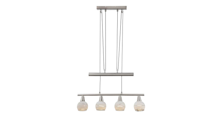 Pendelleuchte Elliott aus Nickel in silber und vier Gläsern aus Klarglas mit einer weißen Absetzung. Frontalansicht.