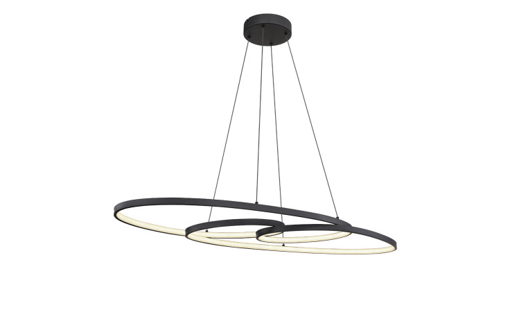 Moderne LED-Pendelleuchte Spira 100 cm von Globo, schwarzes Aluminium mit drei Ringen; Leuchtmittel inklusive.