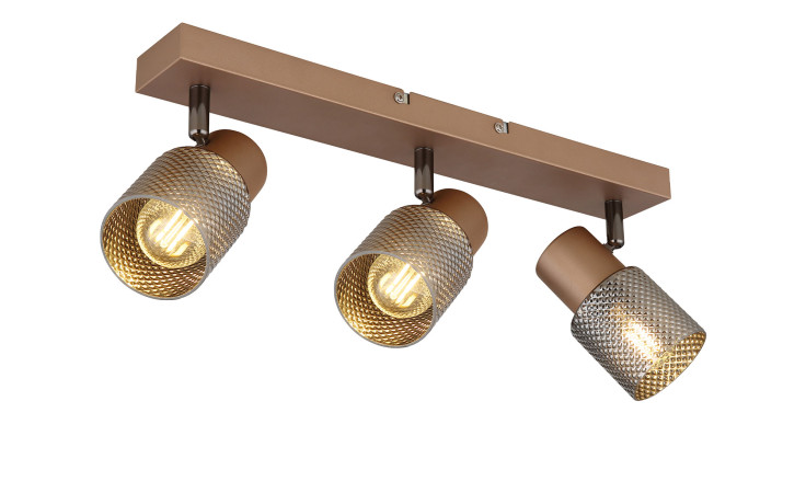 Globo Strahler Satella 41 cm verfügt über drei verstellbare Metallstrahler mit Netzabdeckungen und Glasdetails auf einem rechteckigen Sockel.