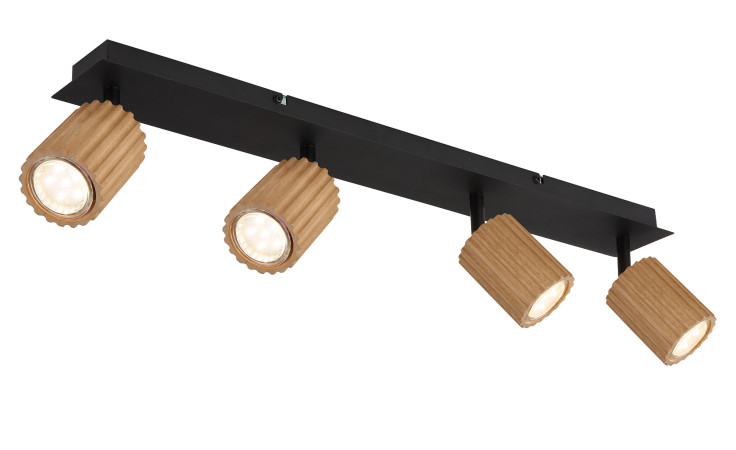 Die Globo Strahler Wenzel 65 cm ist eine schwarze Deckenschienenleuchte mit vier verstellbaren Strahlern in Holzstruktur.