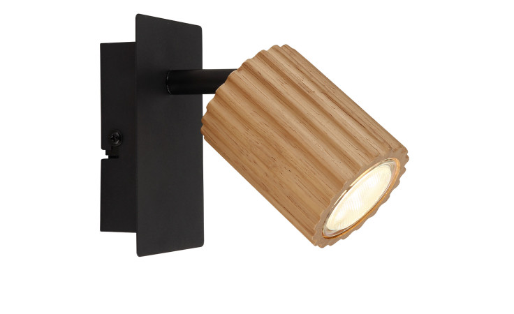 Globo Strahler Wenzel 13,5 cm: Moderner Wandstrahler mit geripptem Holzschirm und Schwarz Metall Fuß.