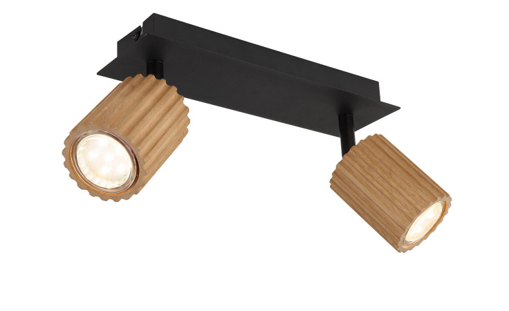 Globo Strahler Wenzel 25,5 cm: schwarzer Deckenstrahler mit zwei verstellbaren Holz-Lampenköpfen, beide beleuchtet und nach außen gewinkelt.