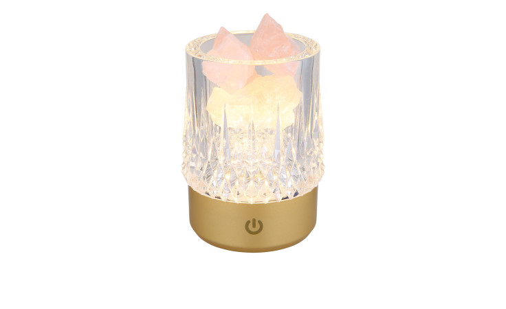 LED-Tischleuchte Lizzy 10,5 cm von Globo: Goldfarben, klares Glas, rosa Steine innen, Leuchtmittel inklusive.
