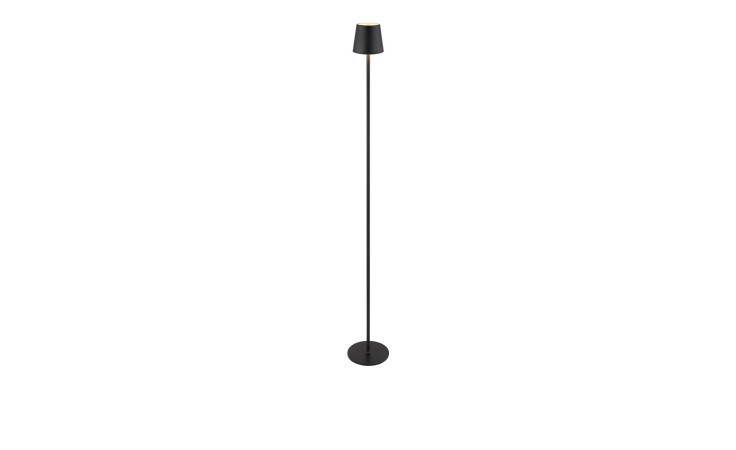Die LED-Stehleuchte Vannie 120 cm von Globo ist eine minimalistische schwarze Leuchte mit Kegelschirm, Kunststoffsockel und Glühbirne im Lieferumfang.