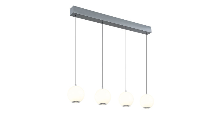 Die Globo LED-Hängeleuchte Simmons 99 cm verfügt über vier runde weiße Pendelleuchten auf einem rechteckigen Sockel.