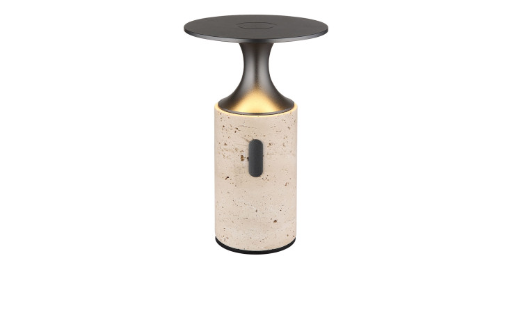 Die Globo LED-Tischleuchte Travertin 18,5 cm hat einen Sockel aus Travertin und eine runde schwarze Platte mit sanftem Leuchten in der Mitte.