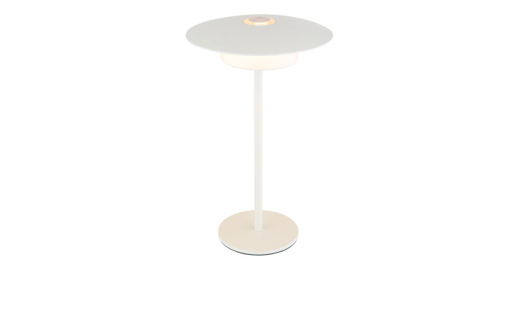 Die Globo LED-Tischleuchte Kyler 30 cm ist eine minimalistische Stehleuchte aus weißem Aluminium mit rundem Sockel und flachem Schirm.