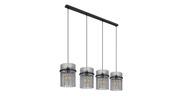 Die Globo Hängeleuchte Gorley 110 cm besteht aus vier Glaspendeln mit schwarzen Metallakzenten an einer rechteckigen Deckenhalterung.