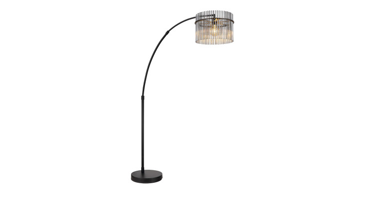 Die Globo Stehleuchte Gorley 185 cm ist eine moderne schwarze Stehleuchte mit einem geschwungenen Ständer und einem durchbrochenen Metallschirm.