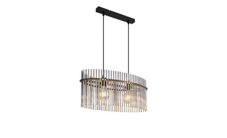 Die Globo Hängeleuchte Gorley 140 cm ist mit zwei freiliegenden Glühbirnen, vertikalen Metallstäben und einer schwarzen Deckenhalterung ausgestattet.