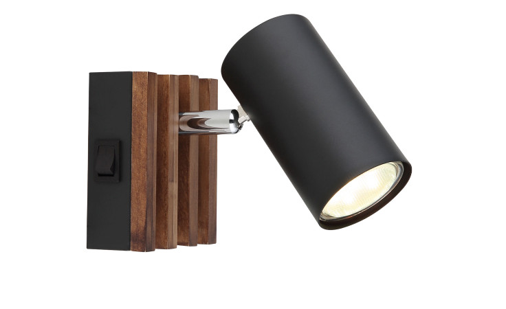 Strahler Kayden 10 cm von Globo: schwarzer zylindrischer Wandstrahler mit Holzsockel, Metalloptik, rechtwinklig, Schalter sichtbar.