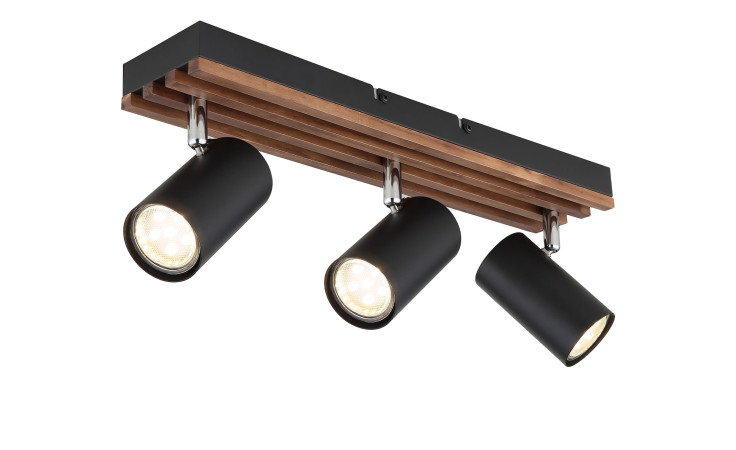 Die Globo Strahler Kayden 41 cm ist eine moderne Deckenleuchte mit drei verstellbaren schwarzen Strahlern auf Holz und Metall.