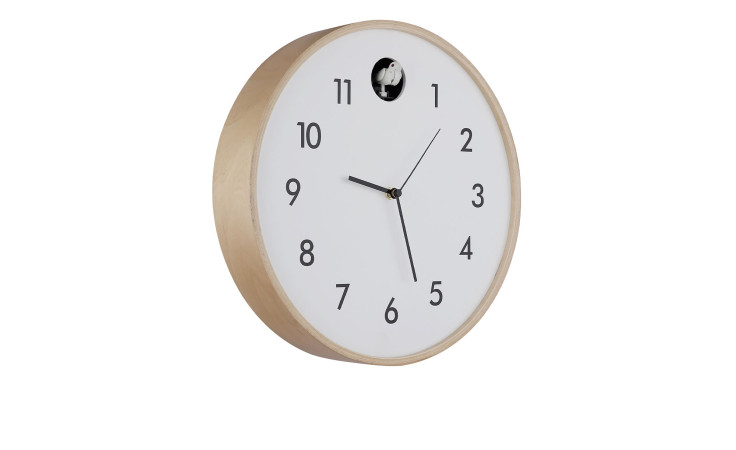 Die Globo Wanduhr Clocky 31,5 cm hat einen Holz-MDF-Rahmen und einen kleinen Vogel über dem weißen Ziffernblatt.