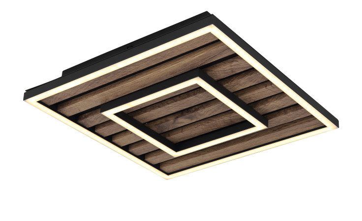 Die LED-Deckenleuchte Woody 30 cm von Globo besteht aus zwei beleuchteten quadratischen Rahmen in Schwarz und MDF.