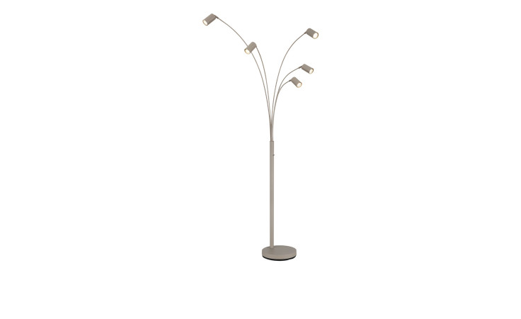 Die Globo Stehleuchte Robby 204 cm hat fünf geschwungene Metallarme und eine sandfarbene Oberfläche auf einem stabilen runden Sockel.
