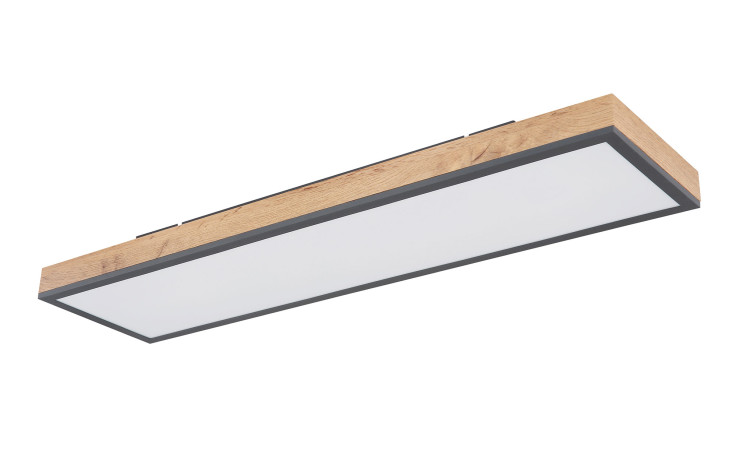 Globo LED-Deckenleuchte Doro 80 cm mit Holzrahmen und gefrosteter Acrylscheibe, schräg von unten betrachtet.