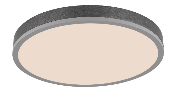 Die Globo LED-Deckenleuchte Doro 45 cm hat eine moderne silberfarbene Aluminiumoberfläche mit einem dunklen Rand und einer mattierten Mitte.