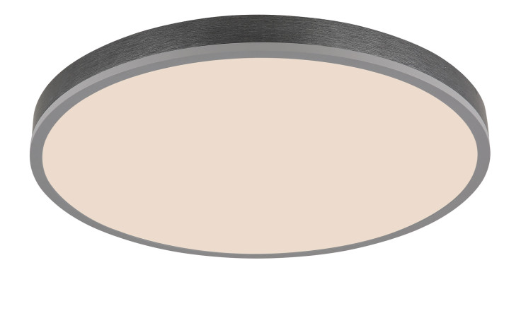 Die Globo LED-Deckenleuchte Doro 60 cm hat einen silberfarbenen Rand, ein weiches weißes Zentrum und beinhaltet Leuchtmittel.