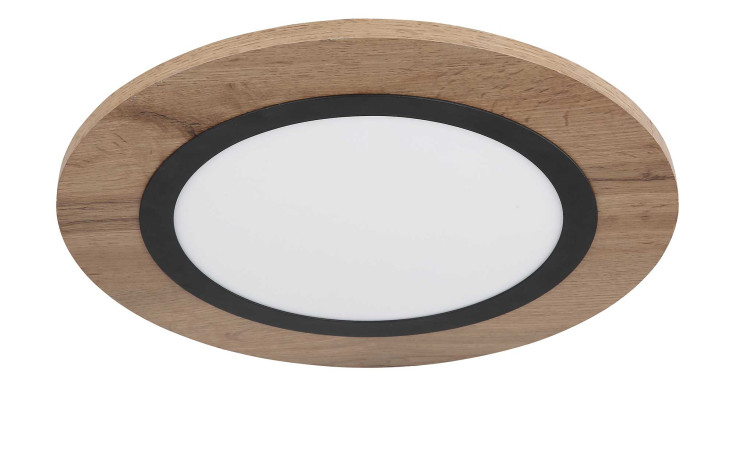 Globo LED-Deckenleuchte Lea 40 cm, Holzausführung, schwarzer Akzentring & weißes diffuses Zentrum.