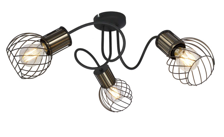 Globo Deckenleuchte Argusto, 60 cm breit, mit drei freiliegenden Glühbirnen in Drahtkäfigschirmen und geschwungenen Armen.