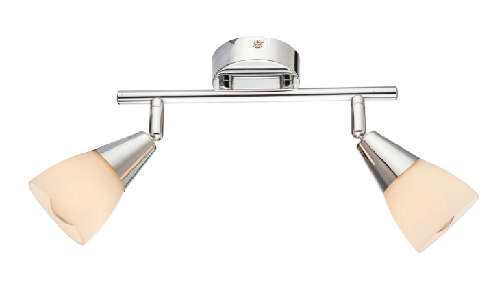 Die Globo Strahler Tadeus 25 cm ist eine moderne, zweiflammige Deckenleuchte mit verstellbaren, mattierten Glasschirmen.