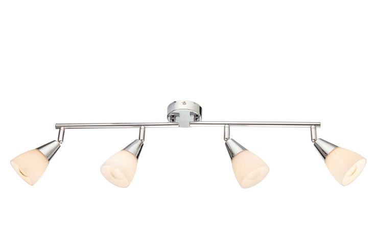 Die Globo Strahler Tadeus 60 cm verfügt über vier verstellbare Glaslampen auf einer eleganten silbernen Metallstange.