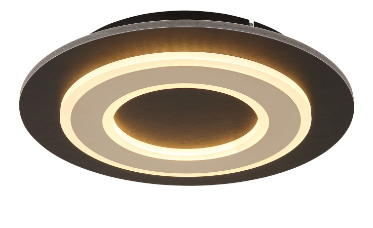 Die Globo LED-Deckenleuchte Jayden 32 cm verfügt über leuchtende Ringe und eine schlichte Metalloberfläche in Champagner oder Schwarz.