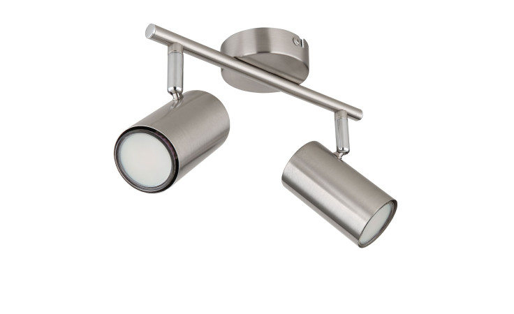 Die Globo Deckenleuchte Allvi 25 cm hat zwei verstellbare Zylinderleuchten aus gebürstetem Metall auf einem runden Sockel.