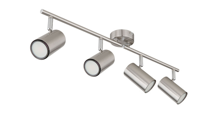 Die Globo Deckenleuchte Allvi 60 cm ist eine moderne Deckenleuchte aus gebürstetem Nickel mit vier verstellbaren Strahlern.