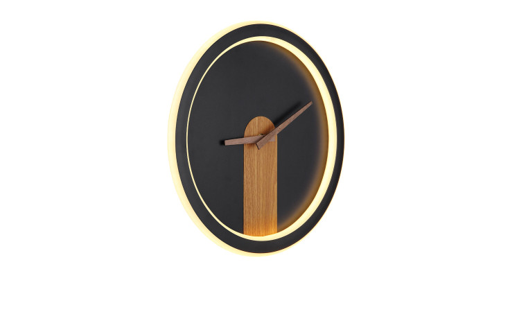 Wanduhr Sussy 31 cm: Wanduhr aus Acryl mit schwarzem Zifferblatt, Goldrand, Holzakzent und Leuchtring, eingestellt auf 10:10.