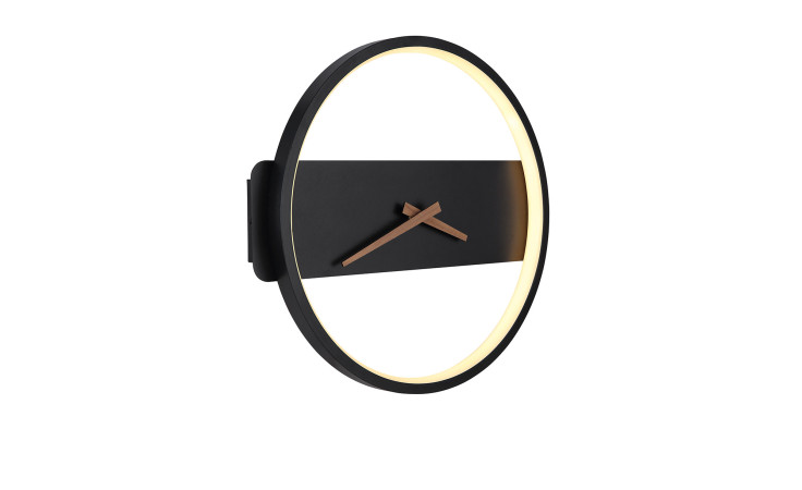 Die Globo Wanduhr Sussy 35 cm hat einen leuchtenden Rand, einen schwarzen Acrylrahmen und schlichte Holzzeiger auf Schwarz.