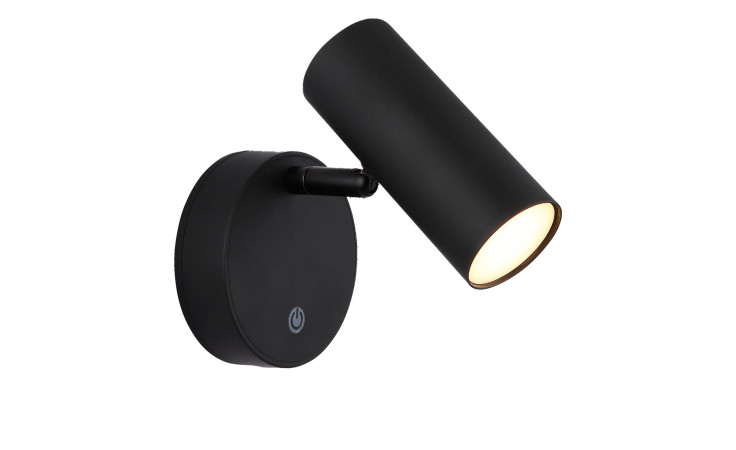 Globo Akku-Strahler Allvi 16,5 cm, schwarzer Wandstrahler mit Glühbirne, eingeschaltet vor weißem Hintergrund.