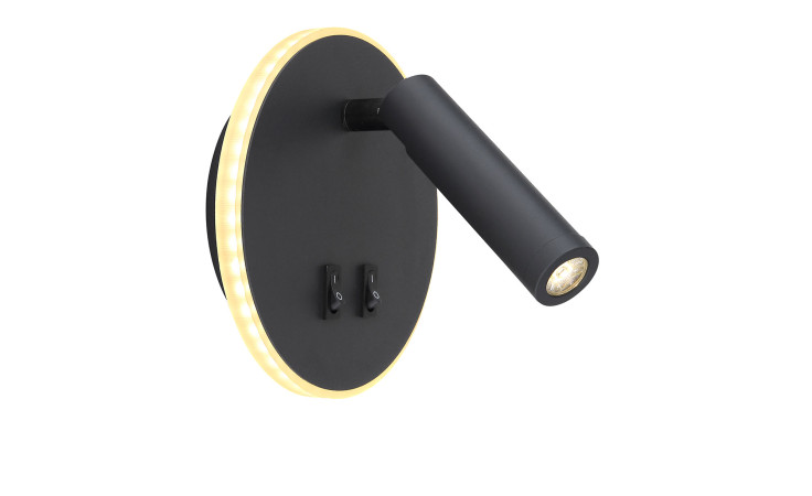 Die Globo LED-Wandleuchte Many 14,6 cm ist eine schwarze Wandleuchte mit Acrylrand und zwei Schaltern auf einem runden Sockel.