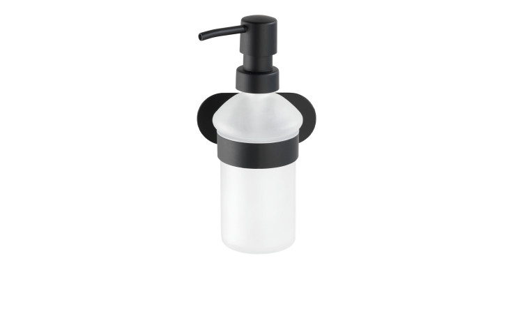 Der Seifenspender Turbo-Loc ist ein wandmontierter Seifenspender mit einer Pumpe aus Schwarzmetall und einer mattierten, klaren Flasche.