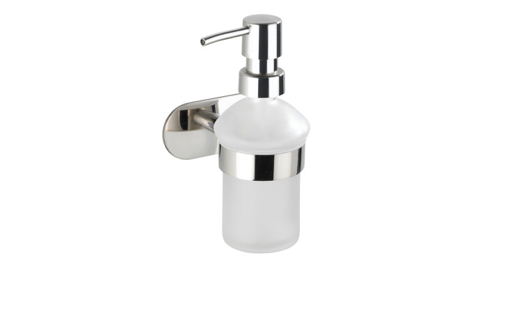 Turbo-Loc Seifenspender: wandmontiert mit satiniertem Glas und silberfarbenen Metall-Akzenten für stilvolle Deko.