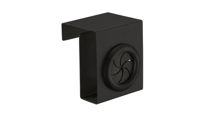 Küchen- / Türhaken aus Edelstahl, schwarz, mit rundem Fächermuster, isoliert vor weißem Hintergrund.