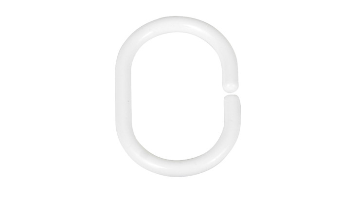 16 weiße Duschvorhangringe aus Kunststoff, oval mit offener Seite, im 16er-Set auf weißem Hintergrund.