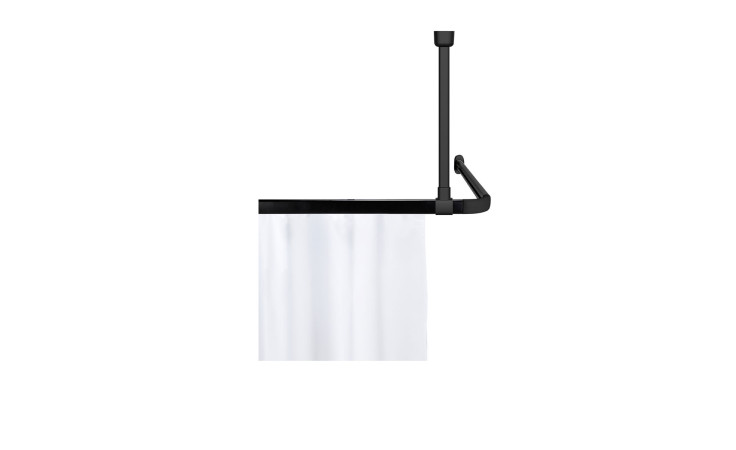 Deckenstütze Jete: Schwarze rechteckige Aluminium-Duschstange mit weißem Vorhang, perfekt für die moderne Badezimmereinrichtung.