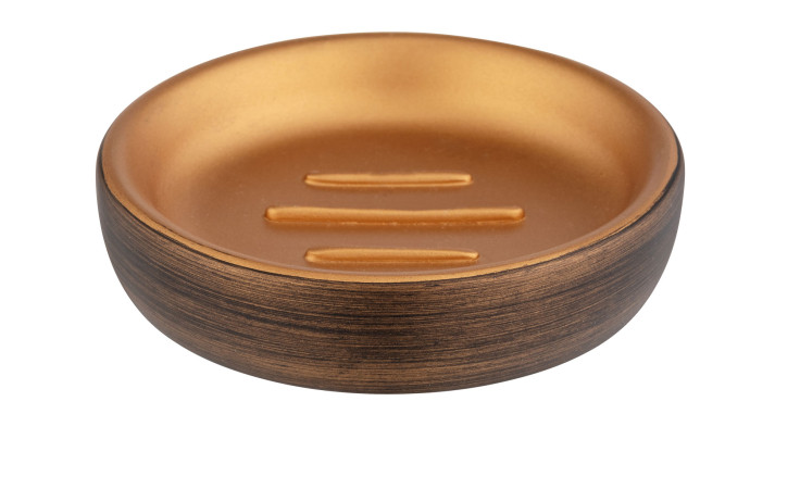 Seifenablage Palena: Runde, braune Kunststoff-Seifenschale mit Metallic-Look und drei erhöhten Rillen.