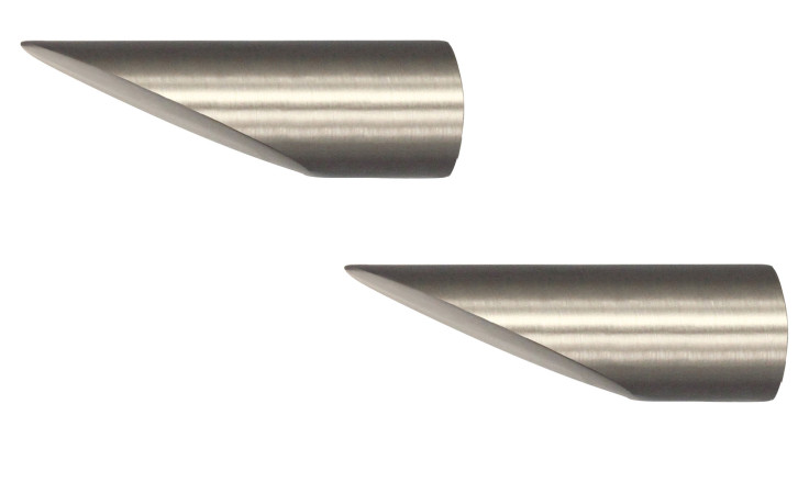 Zwei Gardinen-Endstücke Cut 2er-Set 16 mm in Edelstahl-Optik, schräg auf weißem Hintergrund angeordnet.