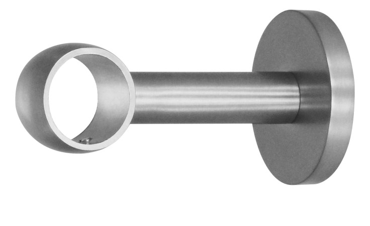 Gardinenträger Noble 6,5 cm / 20 mm in Edelstahl-Optik, runde Basis, für Gardinenstangen, auf weißem Hintergrund.