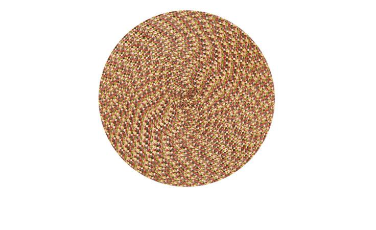 Rundes Tischset Mandala, 38 cm, aus Kunststoff, geflochten in Grün, Rot, Gelb und Beige auf weißem Hintergrund.