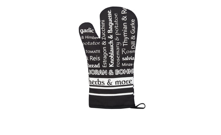 Ein schwarzer Ofenhandschuh Herbs & More (18x30 cm) mit weißen Kräuter- und Gemüsenamen in deutscher und englischer Sprache - stilvolle Küchendekoration.