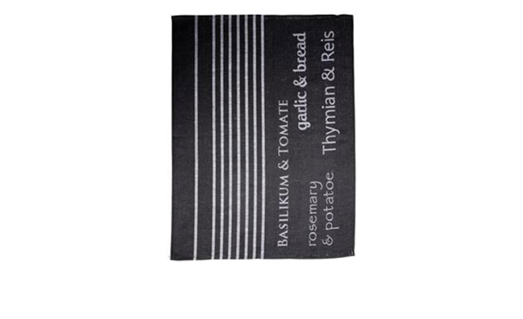 Das Geschirrtuch Herbs & More 50 x 70 cm mit weißen Streifen und Kräuternamen in Deutsch und Englisch ist eine stilvolle Dekoration.