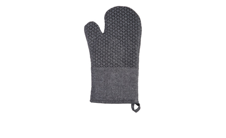 Ofenhandschuh 18 x 30 cm: Grauer Ofenhandschuh mit Rautenmuster, schwarzer Zierleiste, linkem Daumen und unterer Aufhängeschlaufe.